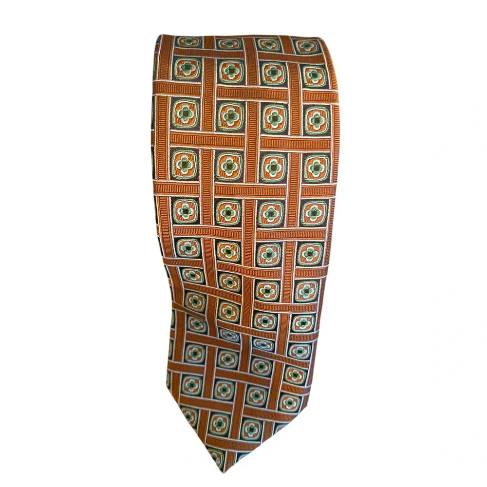 Kinkade's Fine‎ Clothing Mens Silk Tie Orange Green Geometric Farm Bureau Ins.